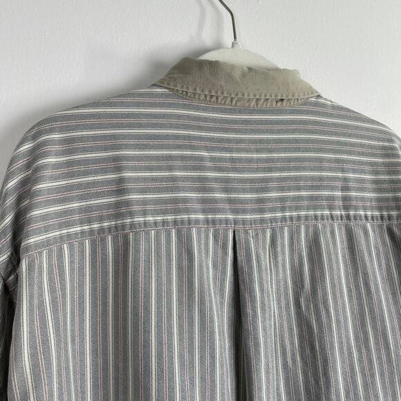 Vintage 90s Mens Striped Button Up Shirt 17 Green Tan Contrast Collar Retro Prep - Picture 7 of 16